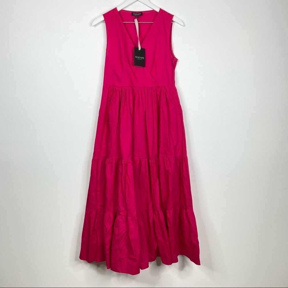 Magari Faux Wrap Pink Midi Tiered Dress Size Small NWT